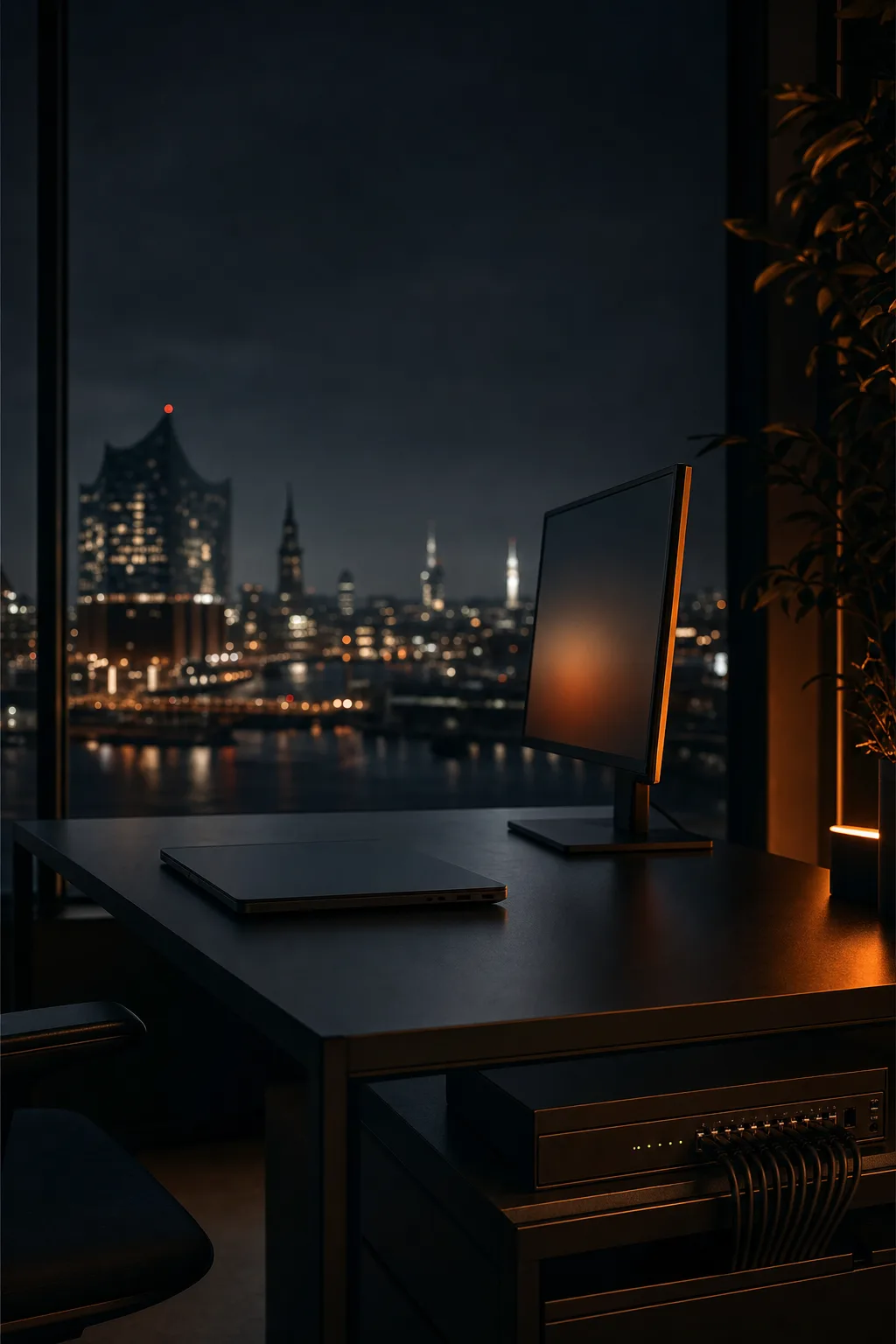 Aufgeräumter Arbeitsplatz bei Nacht mit Blick auf den Hamburger Hafen